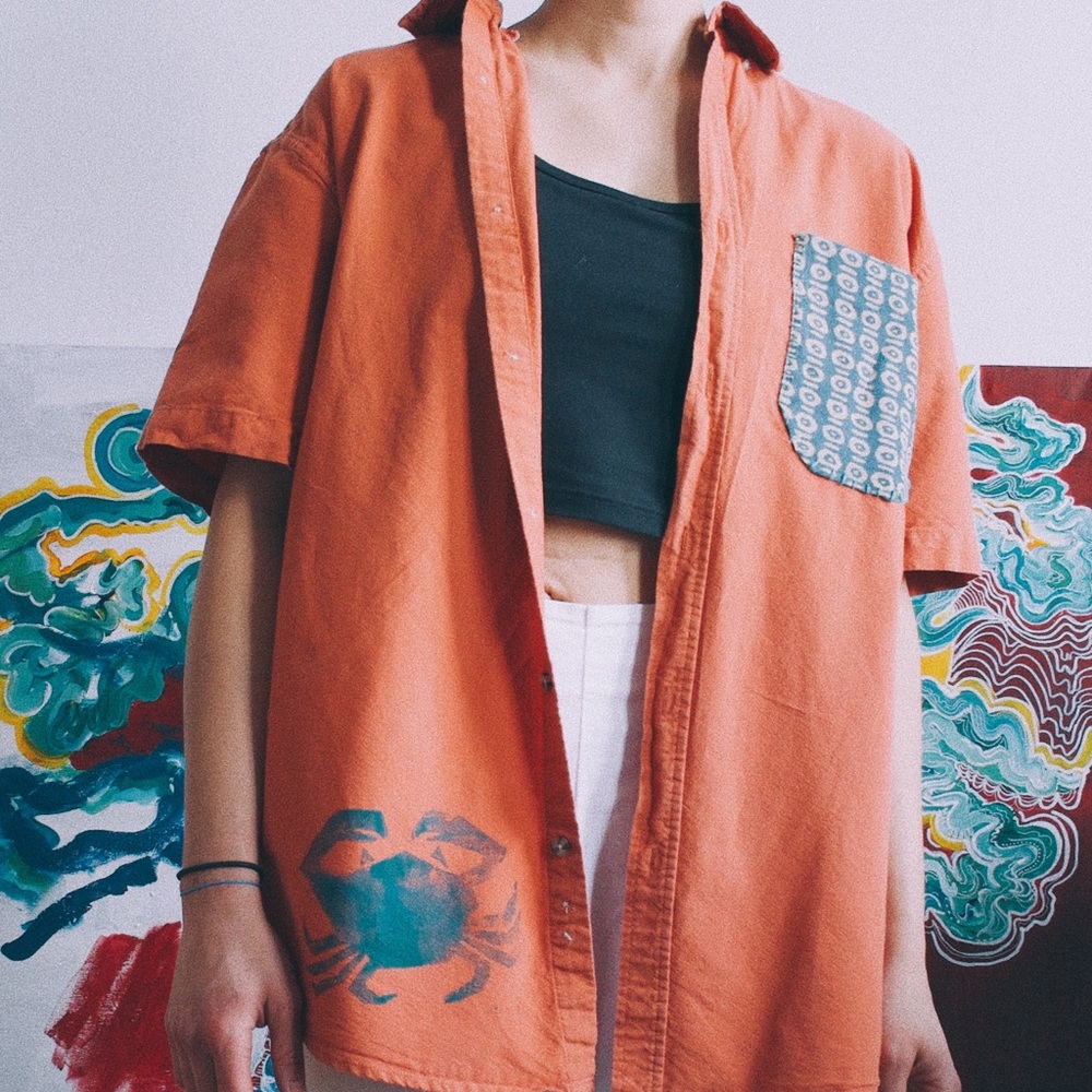 Orange Cotton Buttonup with patchwork & handprinted crab